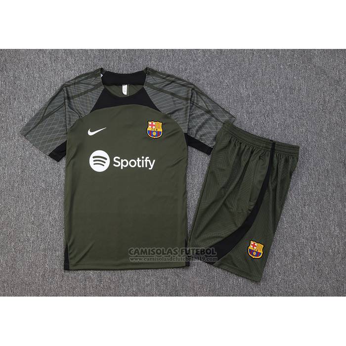 Fato de Treino Barcelona Manga Curta 2023-2024 Verde Oscuro - Calcas Curta